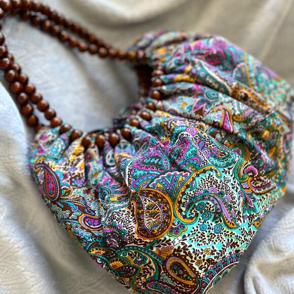 Vibrant Paisley Hobo Bag with Wooden Bead Handles - Picture 2 of 14